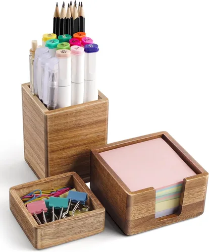Juego de organizador de escritorio de madera de acacia con soporte para notas adhesivas, vaso para lápices y bolígrafos y almacenamiento de clips,