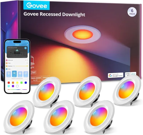 Govee Iluminación Empotrada Inteligente Retrofit de 6 Pulgadas, Luces Empotradas Retrofit RGBWW de Conexión Directa Wi-Fi Bluetooth, 65 Modos de