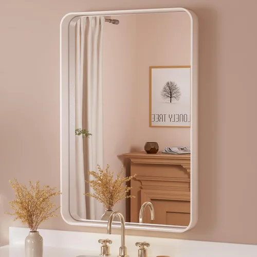 Miniatura 13 de TETOTE Espejo de marco dorado cepillado de 16 x 24 pulgadas, espejo de tocador de baño de latón dorado para pared, espejo enmarcado rectangular