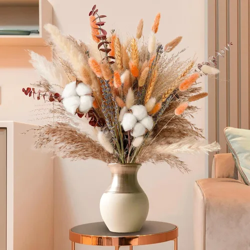 Miniatura 2 de Ramo de flores secas de otoño, decoración de otoño bohemia con hierba de pampas, algodón y colas de conejo naranja, arreglo floral de otoño