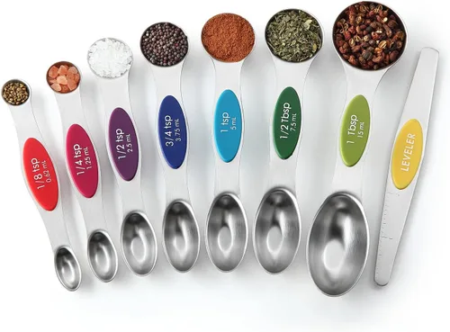 Miniatura 9 de Spring Chef Juego de 8 cucharas medidoras magnéticas de acero inoxidable multicolor con nivelador, cucharadita de metal anidable y cucharadas Varios