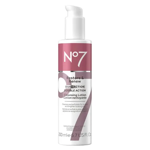 No7 Restore & Renew Loción limpiadora de doble acción, limpiador facial y exfoliante con ácido alfa hidroxi, loción limpiadora removedor de