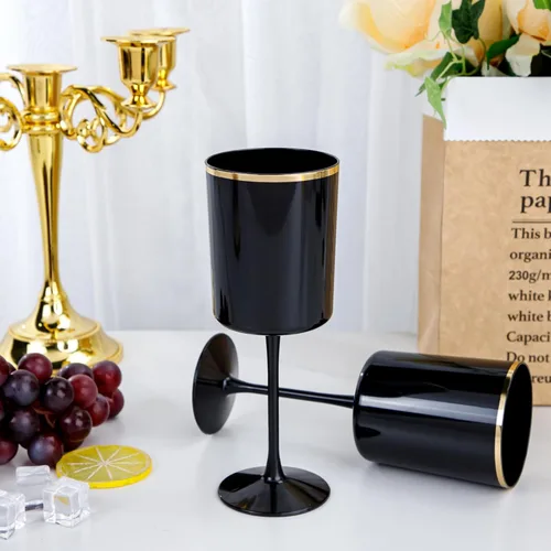 Miniatura 3 de Ciaell Paquete de 12 copas de vino de plástico negro de 10 onzas con tallo – Copas de vino desechables negras y doradas, perfectas para fiestas