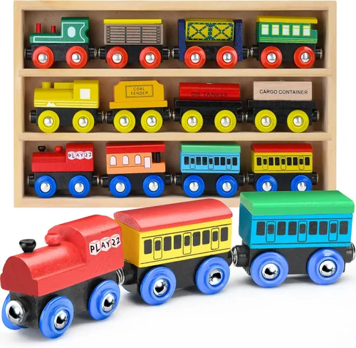 Miniatura 7 de Juego de Tren de Madera de 12 Piezas - Juego Magnético de Juguetes de Tren Incluye 3 Motores - Juegos de Tren de Juguete para Niños Pequeños y Niñas