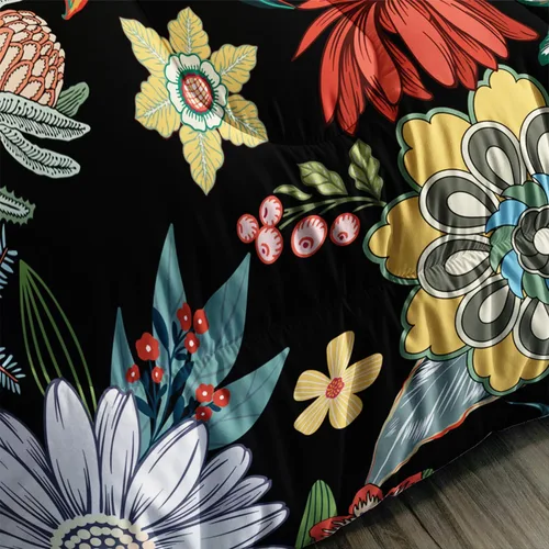 Miniatura 4 de Juego de edredón floral colorido de 3 piezas, juego de ropa de cama botánica bohemia tamaño queen, diseño boho de granja con flores y hojas impresas