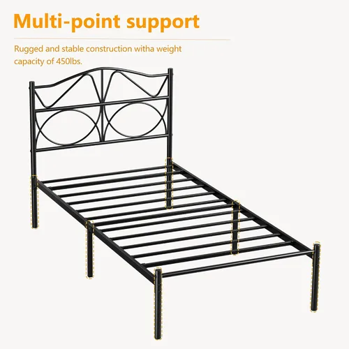 Miniatura 10 de VECELO Base de cama de plataforma de metal tamaño individual con cabecera y estribo, base de colchón de soporte de listones resistentes, no necesita