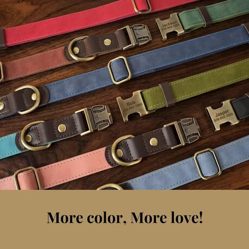 Miniatura 3 de Collares para perros personalizados, collar de piel sintética suave personalizada con nombre de mascota y número de teléfono para perros pequeños