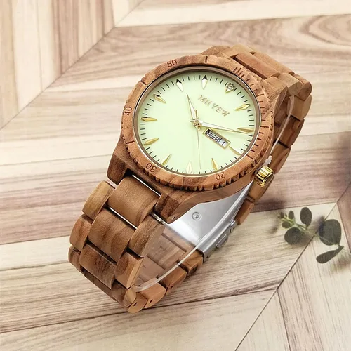 Miniatura 4 de MII YEW Reloj de madera para hombre, ligero, analógico, de cuarzo, hecho a mano, esfera verde con fecha