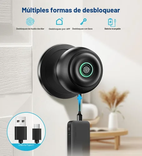 Miniatura 2 de Cerradura de puerta por huella dactilar, perilla de puerta inteligente con cerradura, perilla de puerta biométrica con aplicación y llave, cerradura