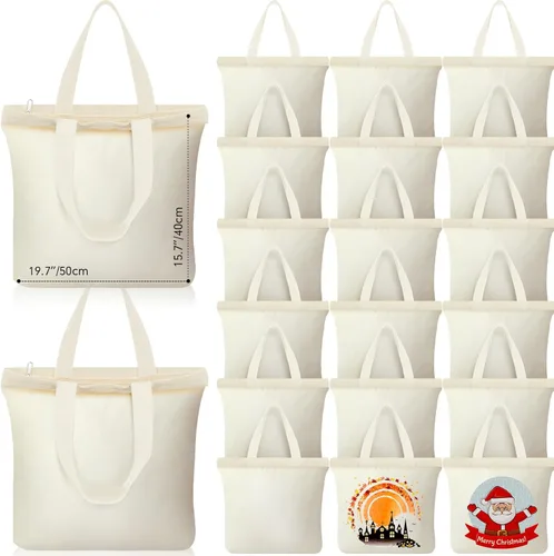 Miniatura 13 de Silkfly 20 Bolsas de Lona a Granel de 16.5x13.4'' Bolsas de Lona de Algodón en Blanco con Asas y Cremallera Reutilizables Lisas para Comestibles