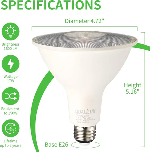 Miniatura 6 de Qualilux Dusk to Dawn PAR38 Bombillas LED de inundación, blanco cálido 3000 K, equivalente a 150 W, 17 W, 1600 LM, bombilla de luz