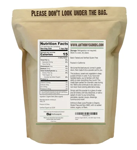 Miniatura 2 de Anthony's Polvo de Jugo de Raíz de Remolacha Orgánico, 1 lb, Sin Gluten, Sin OGM, Apto para Veganos