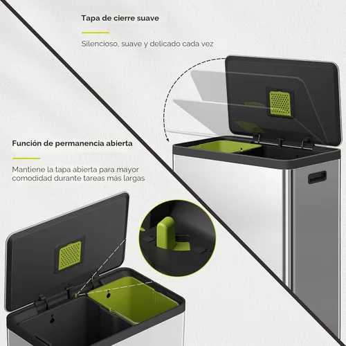 Miniatura 7 de EKO EcoCasa II - Bote de basura doble de 36 L + 24 L con cubo de reciclaje, cubo de basura de acero inoxidable con tapa, compartimento desodorante