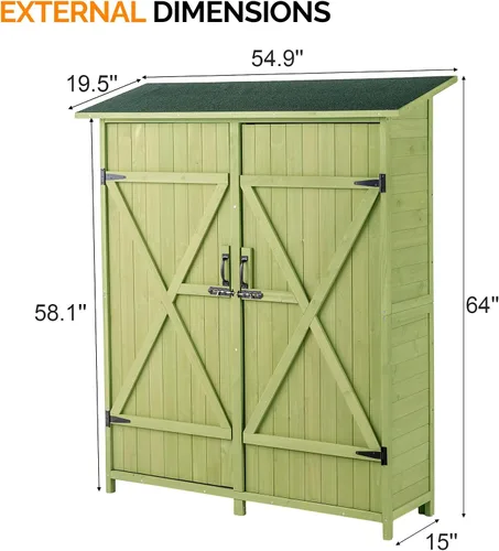 Miniatura 8 de VINGLI Cobertizo de almacenamiento de madera para exteriores, cobertizo de jardín extra grande con 2 pestillos de seguridad, organizador de Verde