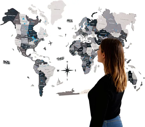 Miniatura 10 de Arte de pared de madera 3D hecho a mano con mapa del mundo en relieve, decoración de pared grande, rastrea tus viajes por el mundo - Especial