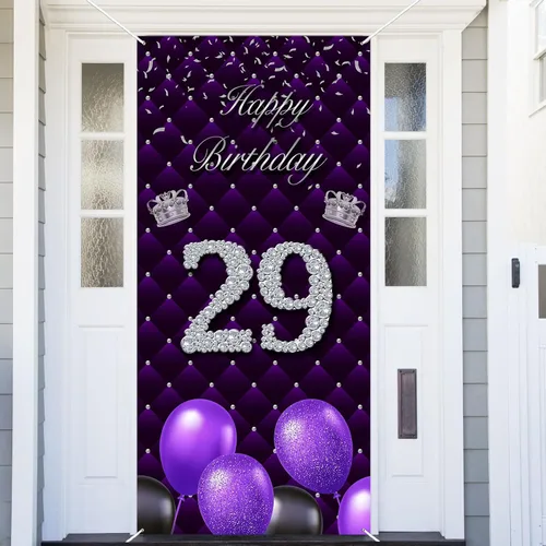 Miniatura 15 de Cartel morado de feliz primer cumpleaños telón de fondo para cabina de fotos, globos de corona plateada, decoración temática para niña, aniversario
