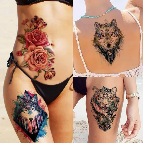 Miniatura 2 de Bilizar 56 hojas de tatuajes temporales de acuarela, búho, tigre, león, para mujeres y hombres, arte corporal, muslo, brazo y muslo, 3D de larga
