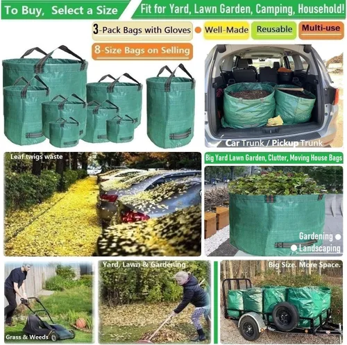 Miniatura 2 de Paquete de 3 bolsas profesionales de 63 galones para césped y jardín, grandes (D31, 19 pulgadas de alto), con guantes de jardinería, estándar, bolsa