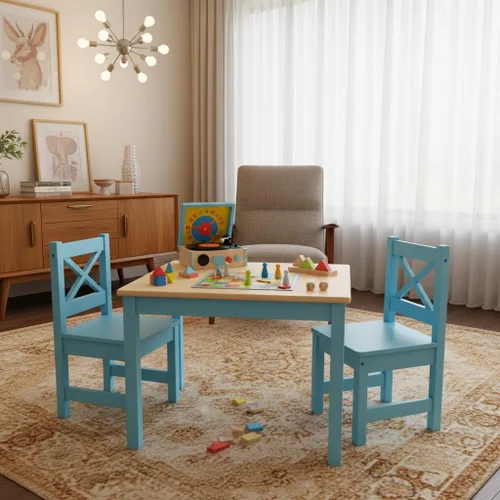 Miniatura 3 de PETIT BATEAU Juego de mesa y 2 sillas de madera maciza para niños, diseño irlandés Montessori Modern AMMEHOELA para niños de 2 a 8 años, azul