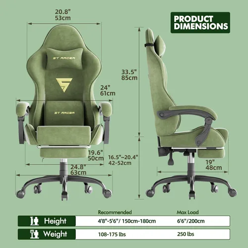 Miniatura 3 de Huracan Silla de juegos de tela de terciopelo con reposapiés para adultos, sillas ergonómicas para juegos con base de masaje, silla reclinable