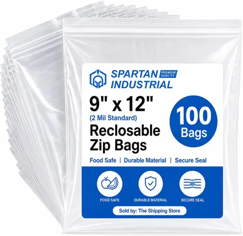 Spartan Industrial - 9 x 12 pulgadas (100 unidades) 2 mil, bolsas de plástico transparentes con cierre reutilizables con cremallera y sello de