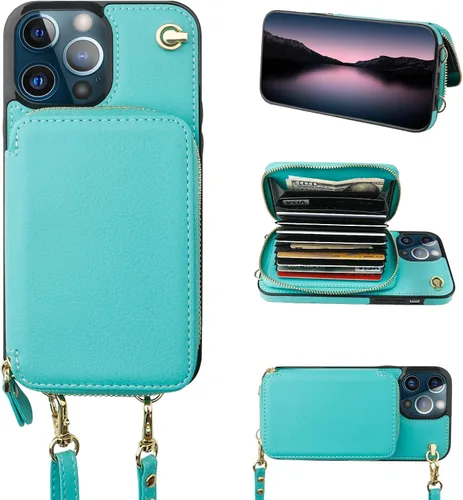 Miniatura 11 de Bocasal Funda tipo cartera cruzada para iPhone 13 Pro, funda de piel con bloqueo RFID y soporte para tarjetas, funda protectora con cremallera