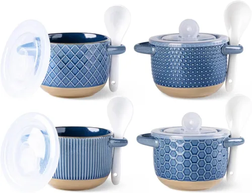 Miniatura 14 de GBhome Cuencos de sopa de 22 onzas con asas y tapas grandes, juego de 4 cuencos de cerámica con cuchara para sopa, cereales, estofado, coloridos