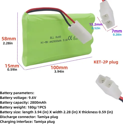 Miniatura 2 de 2 pilas recargables AA de 9.6 V 2800 mAh con enchufe Tamiya con cable de carga USB para coches de juguete a control remoto, camiones, tanques