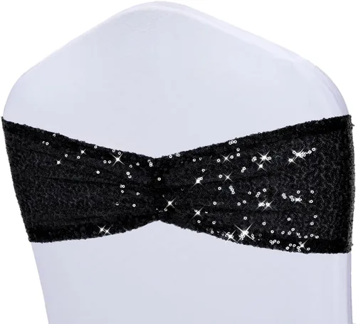 Poise3EHome Bandas de silla de lentejuelas negras, bandas para sillas plegables para decoraciones de boda, ceremonia, banquete, 10 unidades