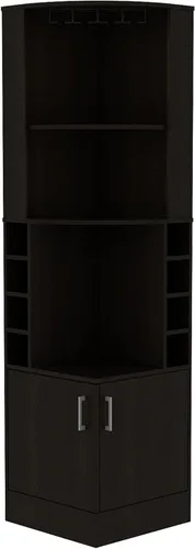 Miniatura 8 de FM FURNITURE The Seattle - Armario esquinero para bar con 3 estantes abiertos, estante de cristal, 8 cubos de botellas y puertas dobles, color negro