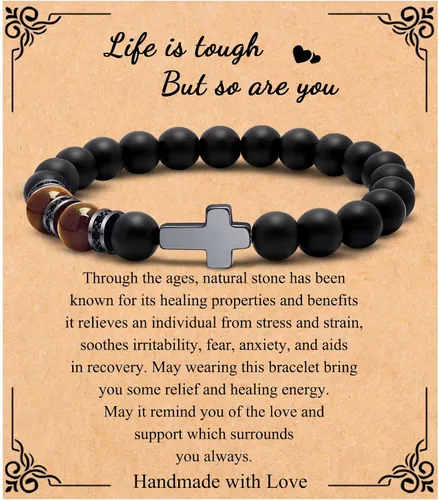 Pulseras de cruz para hombres, piedra natural, ojo de tigre, pulsera elástica para mujeres y hombres, alivio del estrés, confirmación, regalo