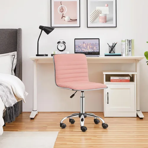 Miniatura 5 de Yaheetech Silla de tocador de respaldo bajo sin brazos de terciopelo acanalado, altura ajustable, giratoria, para oficina, color rosa albaricoque