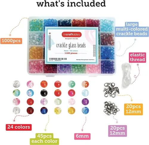 Miniatura 2 de Incraftables Cuentas de vidrio agrietado, 1100 unidades, 24 colores. Cuentas de cristal para hacer joyas a granel (0.236 in). Cuentas de vidrio