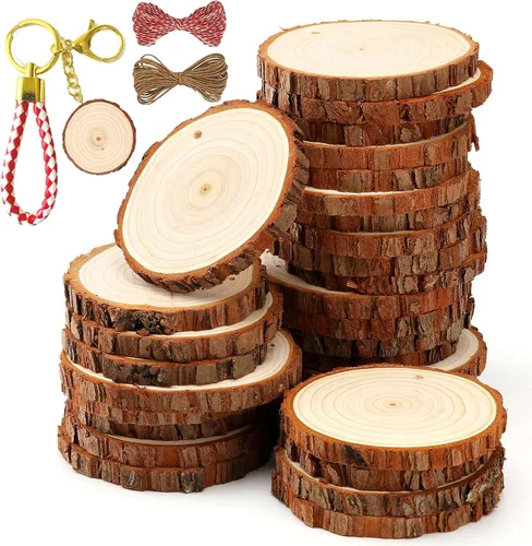 SENMUT Rebanadas de madera sin terminar 30 piezas 2.4"-2.85" Círculos de madera para manualidades Preperforados Rondas de madera natural Discos de