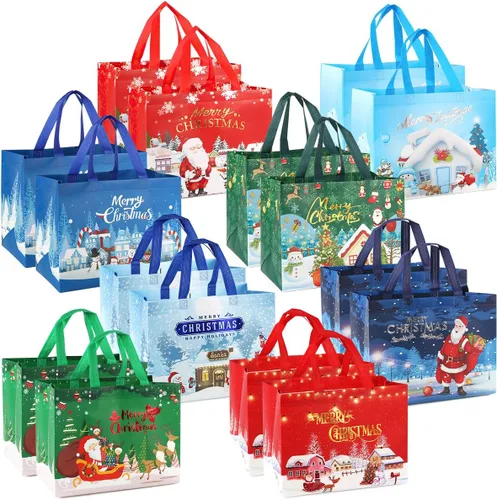 16 bolsas no tejidas de regalo navideño con bronceado tipo tote para obsequios con asas para envolver regalos, compras, suministros para fiestas