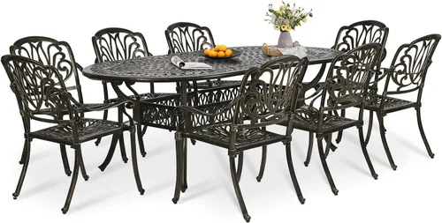Miniatura 37 de Juego de comedor de patio de 9 piezas, mesa y sillas de patio al aire libre, mesa de comedor ovalada de aluminio fundido de 84 pulgadas con agujero