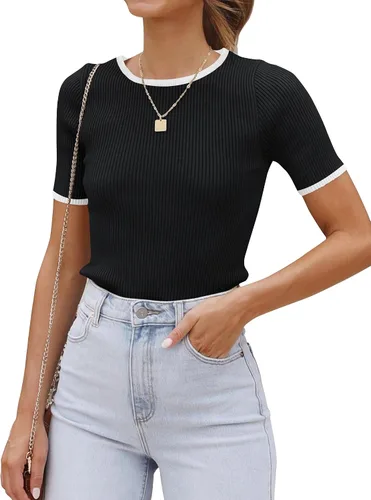 ZESICA Camiseta de manga corta con cuello redondo y punto acanalado para mujer, ajustada, básica, informal, con bloques de color, para verano 2024