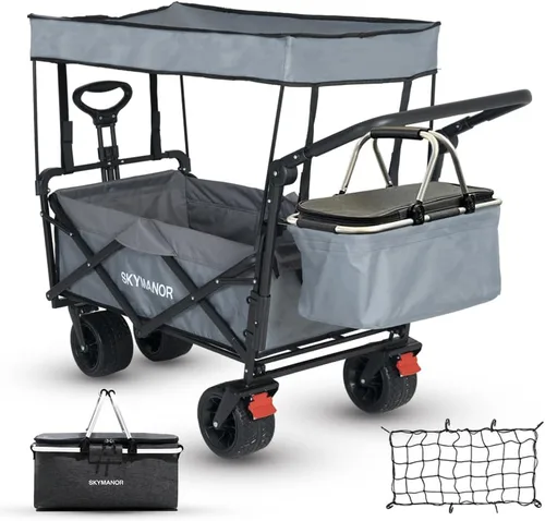 Miniatura 10 de SKYMANOR Carro plegable con toldo extraíble, carrito de jardín resistente 3 en 1 con ruedas grandes todo terreno, frenos, mango de empuje ajustable