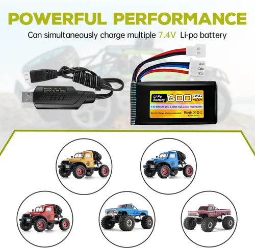 Miniatura 2 de sea jump Batería Lipo de 7.4V 600mAh 35C 2S con enchufe Molex y cargador USB adecuado para FMS FCX24 RC coches, camiones, vehículos eléctricos
