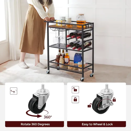 Miniatura 4 de MAHANCRIS Carrito de bar para el hogar, carrito de servicio de 3 niveles con ruedas y asa, carrito de bebidas con estante para vino y soportes