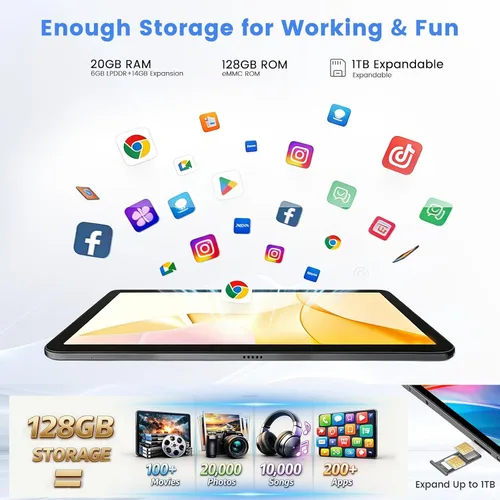 Miniatura 4 de Tableta, Android 15 Tableta, 20GB RAM 128GB ROM 1TB Expansión, A733 8-Core Procesador, Pantalla táctil grande de 12 pulgadas Pantalla 2K, Cámara