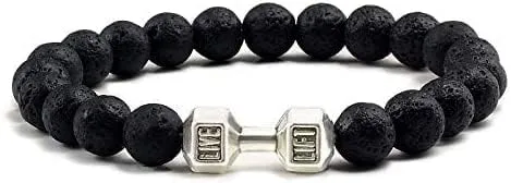 Pulsera de mancuernas de piedra volcánica volcánica negra natural con cuentas mate para mujeres y hombres, pulseras de joyería de barra de fitness,