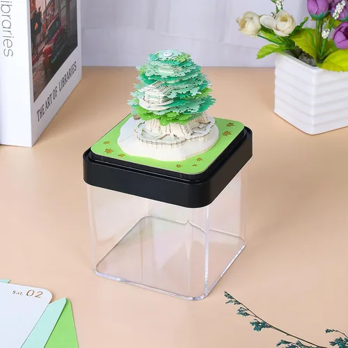 Miniatura 3 de Calendario de piezas de tiempo 3D, bloc de notas 2026, arte de papel 3D, casa de árbol verde, calendario de escritorio creativo, bloc de notas
