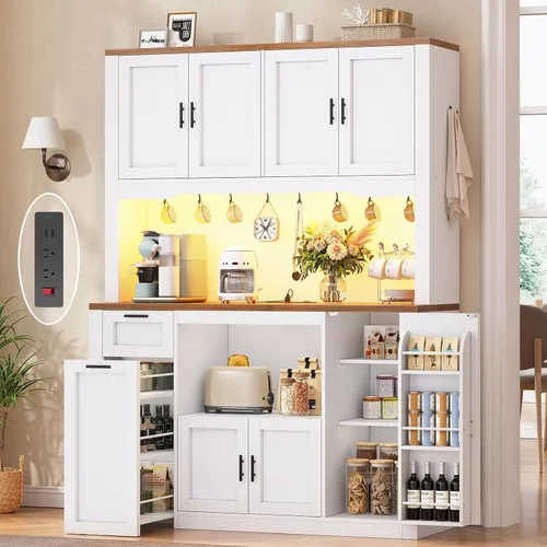 Miniatura 16 de Itaar Armario de despensa de 71 pulgadas con estación de carga y luz LED, armario de despensa de cocina con soporte para microondas, armarios