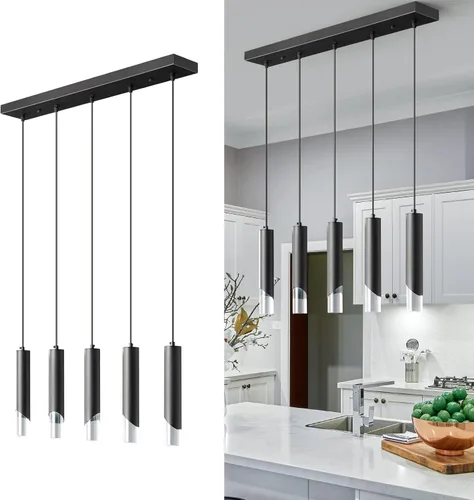 Lámpara colgante moderna de 5 luces para isla de cocina, regulable, LED, negro, mini luces colgantes, comedor, cocina, iluminación colgante ajustable
