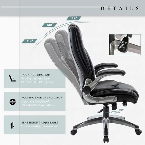 Miniatura 5 de MALOL Silla ergonómica de oficina ejecutiva con cuero grueso adherido, reposabrazos abatibles, respaldo alto, altura ajustable e inclinación