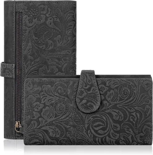 Cartera de cuero genuino para mujer de cuero con bloqueo RFID - Tarjetero triple de diseñador para damas tipo clutch con ventana de identificación,