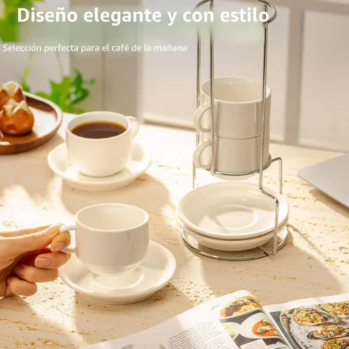 Miniatura 3 de Sweese Tazas apilables de porcelana para capuchino de 8 onzas con platillos y soporte de metal, para bebidas de café especiales, capuchino, latte