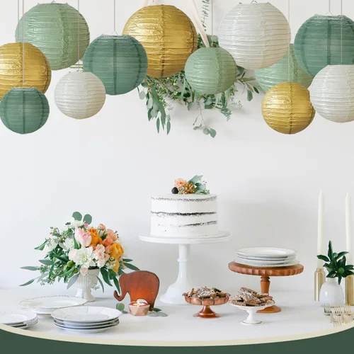 Miniatura 4 de 12 linternas de papel color verde salvia dorado verde oliva chino colgantes redondas linternas de papel para cumpleaños, boda, despedida de soltera