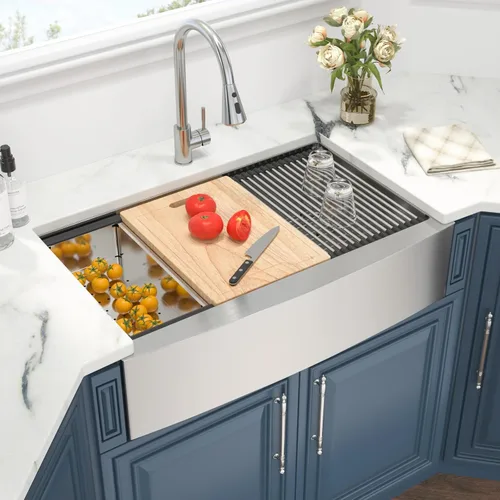 Miniatura 12 de Kichae 33 Farm Sink Double Bowl - Delantal de fregadero de granja de 33 pulgadas, delantal frontal de doble tazón, acero inoxidable 50/50, calibre